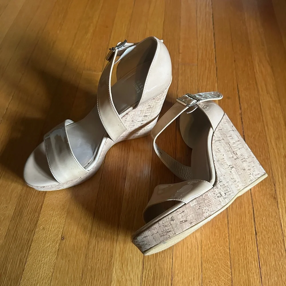 Stuart Weitzman Oneliner Light Nude Patent Leather Cork Wedge Sandals, Size 9.5